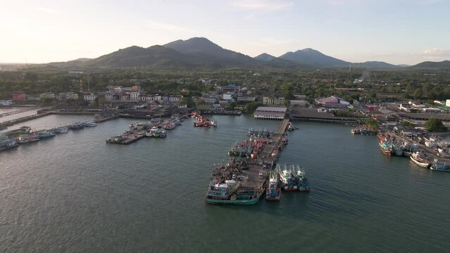 Aerial View Of Nuanthip Pier With Boats And Ferries Moored. Dolly Forward