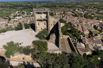 Fototapeta na wymiar Aerial vIew on medieval buildings and vineyards in sunny day, vacation destination wine making village Chateauneuf-du-pape in Provence, France