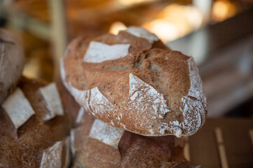 French bakery, fresh baked bread ready for sale close up