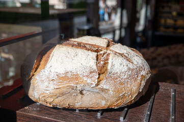 French bakery, fresh baked bread ready for sale close up