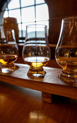 Flight of single malt scotch whisky in glasses served in whiskey bar in Edinburgh, UK