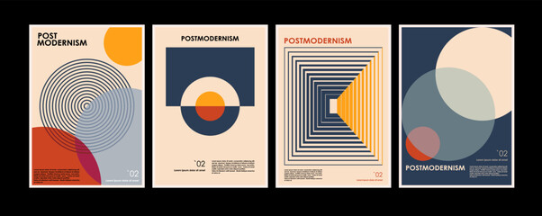 Artworks, posters inspired postmodern of vector abstract dynamic symbols with bold geometric shapes, useful for web background, poster art design, magazine front page, hi-tech print, cover artwork. - 544869229