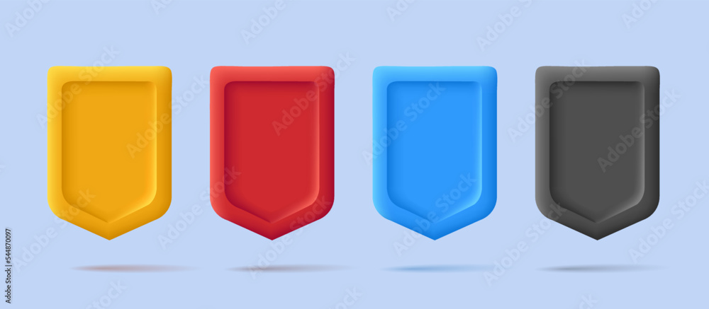 Poster 3d render shields icon, empty shape in different colors