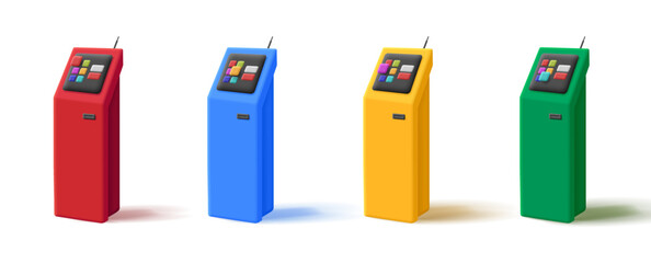 ATM or terminal 3d illustration set with service tiles icons on touchscreen