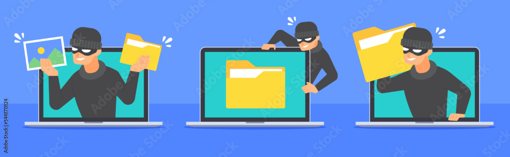 Leinwandbilder collection of file hacking. concept of data breach. hacker stealing document folder icon. cybercrime