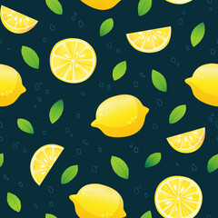 Seamless pattern with lemons. Whole lemons, lemon wedges and sliced ​​pieces. Green leaves. Vector colorful illustration on a dark background.