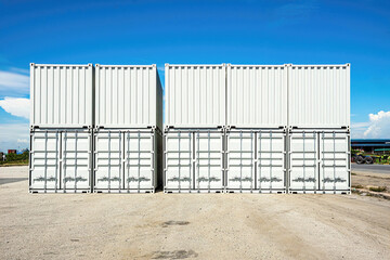 Closed white metal cargo container stands in port area.