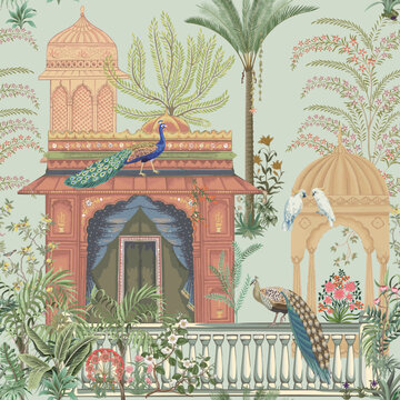 Traditional Mughal garden, arch, peacock, plant vector illustration seamless pattern