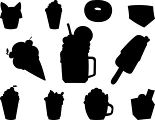 Collection of dessert silhouettes,  sweet silhouette collections decorated with cherry, blackberry and mint, lemon, cookie. Donut, ice cream, cake, fox cupcake, cocktail in a glass