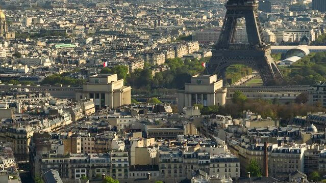 France, Paris aerial view, drone shot, aerial view flying above buildings.