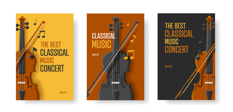 violin concert set of posters with 3d illustration of violin and notes