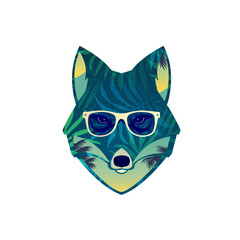 Turquoise fox in yellow glasses with plants