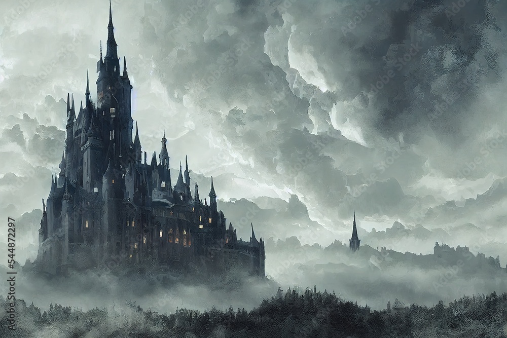 Poster digital painting of a fantasy castle in the clouds in a low key color scheme and gothic architecture