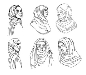 Beautiful portraits of women in hijab collection in line art drawing on a white background