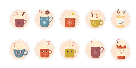 Sticker set of hot cocoa mugs. Vector drawing on a white isolated background. Illustration in flat, cartoon style.