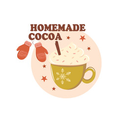 Homemade hot cocoa mug sticker. Vector drawing on a white isolated background. Illustration in flat, cartoon style.