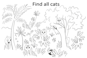 Coloring book for children find all the cats. Vector drawing, line contour on a white isolated background. Sketch style, symbol, minimalism