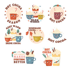 Hot cocoa mugs set. Vector drawing on a white isolated background. Illustration in flat, cartoon style.