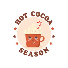 Mug sticker hot cocoa season. Vector drawing on a white isolated background. Illustration in flat, cartoon style.