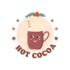 Sticker funny mug of hot cocoa. Vector drawing on a white isolated background. Illustration in flat, cartoon style.
