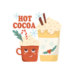 Sticker set of hot cocoa mug. Vector drawing on a white isolated background. Illustration in flat, cartoon style.