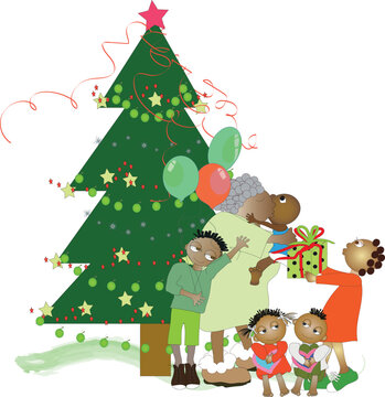 A family gathered near a Christmas tree