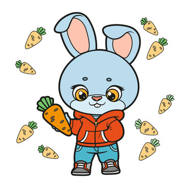 Cute cartoon rabbit  with carrot in paw outlined for color variation for coloring page on white background