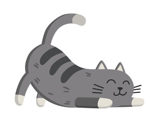 Simple geometric cat. Cute kitten lying down and having fun. Modern flat art style.  cartoon character