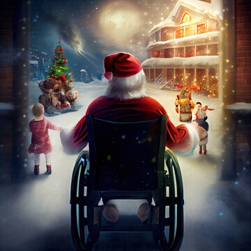 Santa Claus congratulates children in wheelchairs, view from the back