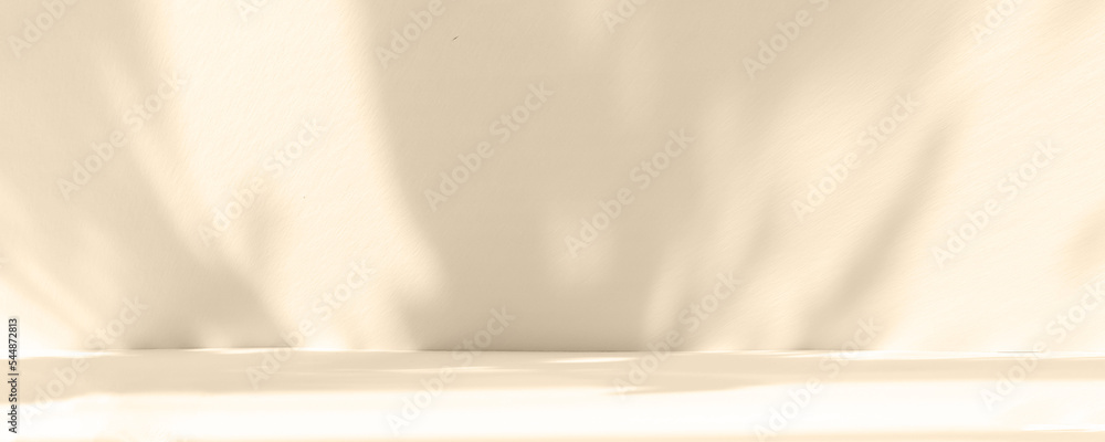 Aufkleber Abstract beige studio background for product presentation. Empty room with shadows of window and flowers and palm leaves . 3d room with copy space. Summer concert. Blurred backdrop. Banner