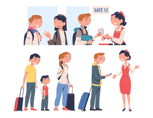 People Characters at the Airport with Luggage at Terminal Vector Set