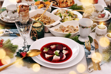 Christmas Eve red borscht with ravioli and beet chips and other dishes