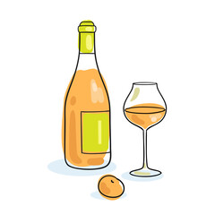 Bottle and glass of amber wine . Handmade picture in line style. Black contour with colored spots. Isolated on white background.  Vector flat illustration. Template for menu design