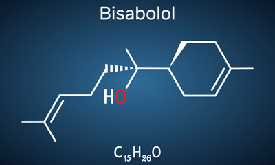 Bisabolol, alpha-Bisabolol, levomenol molecule. It is natural monocyclic sesquiterpene alcohol, used in various fragrances. Structural chemical formula on the dark blue background.