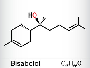 Bisabolol, alpha-Bisabolol, levomenol molecule. It is natural monocyclic sesquiterpene alcohol, used in various fragrances. Skeletal chemical formula