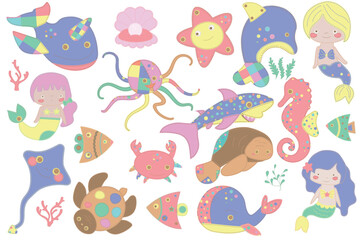 Set of sea animals in patchwork style. Mermaids, fish, whale, dolphin, starfish, crab, shark on white background.