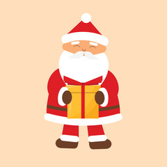 Cartoon Happy Santa Claus is holding a yellow gift box. Vector illustration.