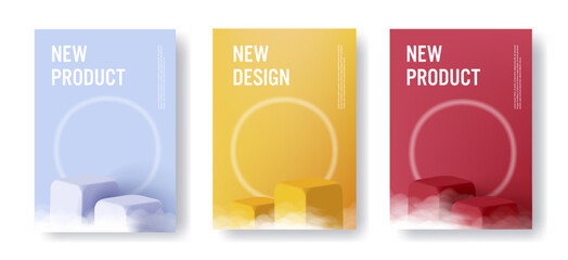 Set of posters with product pedestal, cubes in fog with neon glowing circle disk