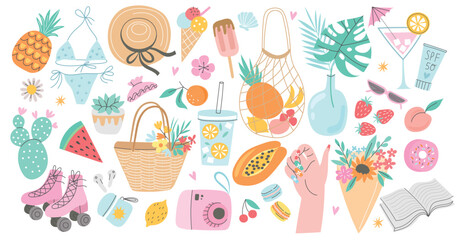 Summer elements set. Modern summertime lifestyle illustration - 544875028