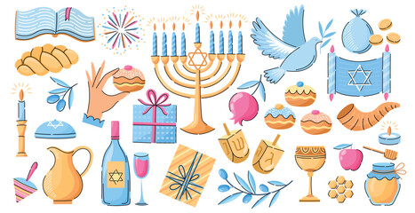 Hanukkah vector elements set. Hand drawn collection