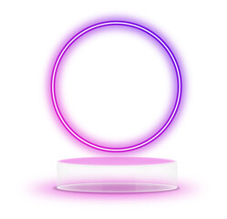 Pink purple neon light product background stage or podium pedestal on grunge street floor with glow spotlight and blank display platform.