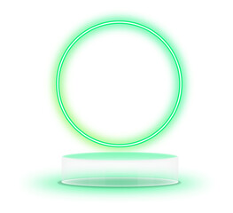 Green neon light product background stage or podium pedestal on grunge street floor with glow spotlight and blank display platform.