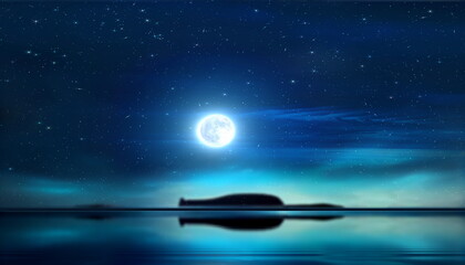 Obraz na płótnie Canvas Night starry sky and full moon on sea light reflection nature landscape