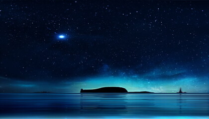 Fototapeta na wymiar Night starry sky star flares faiilng stars on sea light reflection nature landscape