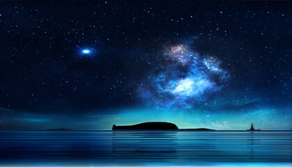 Night starry sky nebula on sea light reflection nature landscape