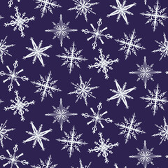 Seamless pattern with graphic snowflakes on a dark background. Background for packaging and any design. Concept graphic design element. Vector isolated illustration.