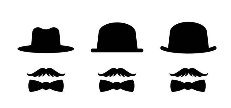 Gentleman and bowtie. Hat and hipster moustache. Intermediary or unrecognizable person. Cartoon mafia, detective or spy with old classic hat. Man face, barber, mustache or beard. Bowler hat. Bow tie.
