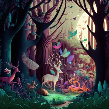 Paper cut art illustration. Forest and whild animals elements carved in paper, colorful image, multidimensional, 3d deppth illusion.