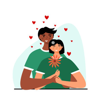 Flat design character of boy hug his girlfriend. Young couple cuddling and in love ilustration vector. Cute couple dating ilustration.