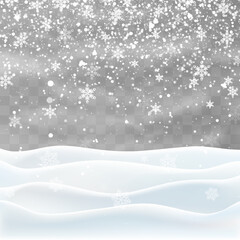Christmas snow and snowdrifts isolated on png background. Snowflakes falling on the frozen hiils. Vector heavy snowfall. Snow flakes, snow and blizzard. Snow landscape decoration.